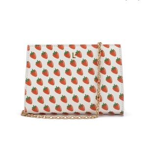 NEW Larroude Strawberry Print Erin Clutch Gold Chain Crossbody Purse
